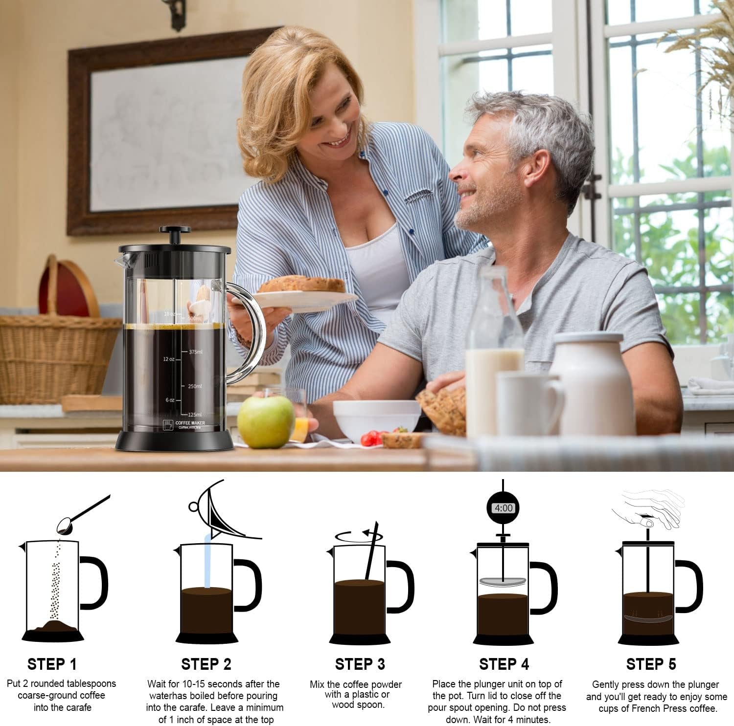 Glass French Press Coffee Maker with 4 Filter, 20Oz French Coffee Press with Glass Handle and Non-Slip Silicone Base Precise Scale, Easy to Clean, Durable Heat Resistant