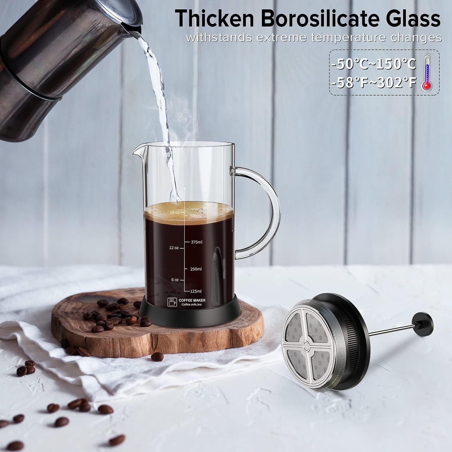 Glass French Press Coffee Maker with 4 Filter, 20Oz French Coffee Press with Glass Handle and Non-Slip Silicone Base Precise Scale, Easy to Clean, Durable Heat Resistant