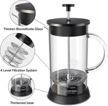 Glass French Press Coffee Maker with 4 Filter, 20Oz French Coffee Press with Glass Handle and Non-Slip Silicone Base Precise Scale, Easy to Clean, Durable Heat Resistant